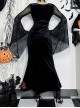 Elegant Sexy Black Velvet Slit Spider Web Lace Splicing Gothic Style Long Trumpet Sleeves Dress
