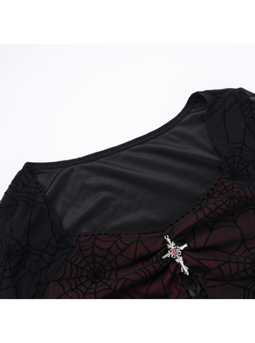 Elegant Sexy Black Velvet Slit Spider Web Lace Splicing Gothic Style Long Trumpet Sleeves Dress