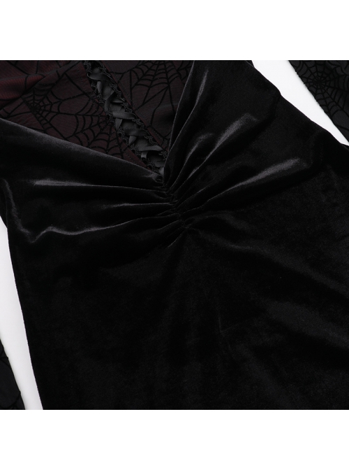 Elegant Sexy Black Velvet Slit Spider Web Lace Splicing Gothic Style Long Trumpet Sleeves Dress