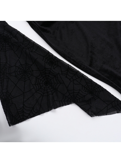 Elegant Sexy Black Velvet Slit Spider Web Lace Splicing Gothic Style Long Trumpet Sleeves Dress
