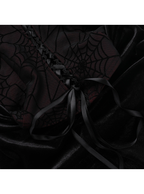 Elegant Sexy Black Velvet Slit Spider Web Lace Splicing Gothic Style Long Trumpet Sleeves Dress