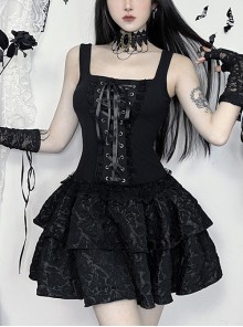 Dark Elegant Black Lace Splicing Cross Straps Gothic Style Sexy Suspender Sleeveless Dress