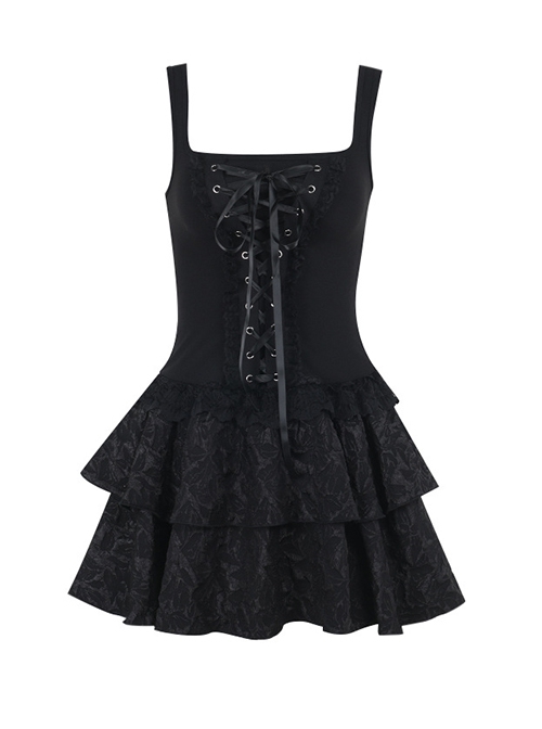 Dark Elegant Black Lace Splicing Cross Straps Gothic Style Sexy Suspender Sleeveless Dress