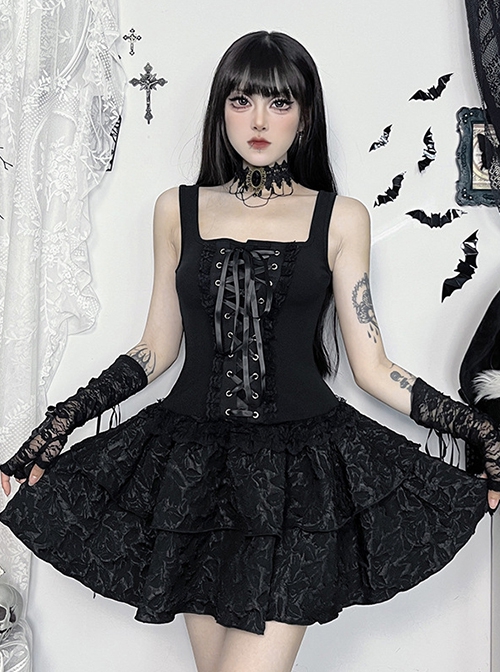 Dark Elegant Black Lace Splicing Cross Straps Gothic Style Sexy Suspender Sleeveless Dress