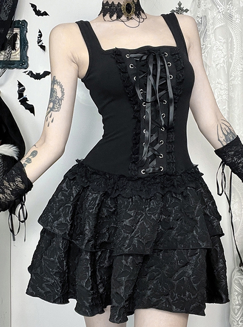 Dark Elegant Black Lace Splicing Cross Straps Gothic Style Sexy Suspender Sleeveless Dress