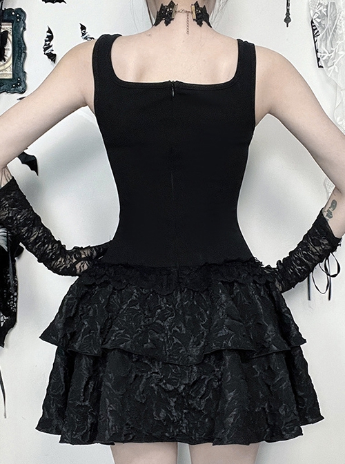 Dark Elegant Black Lace Splicing Cross Straps Gothic Style Sexy Suspender Sleeveless Dress