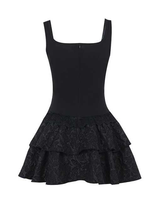 Dark Elegant Black Lace Splicing Cross Straps Gothic Style Sexy Suspender Sleeveless Dress