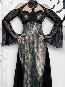 Retro Gorgeous Black Sexy Off Shoulder Lace Splicing Gothic Style Slim Long Sleeves Shawl