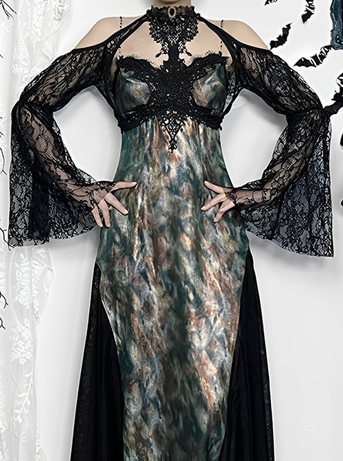Retro Gorgeous Black Sexy Off Shoulder Lace Splicing Gothic Style Slim Long Sleeves Shawl