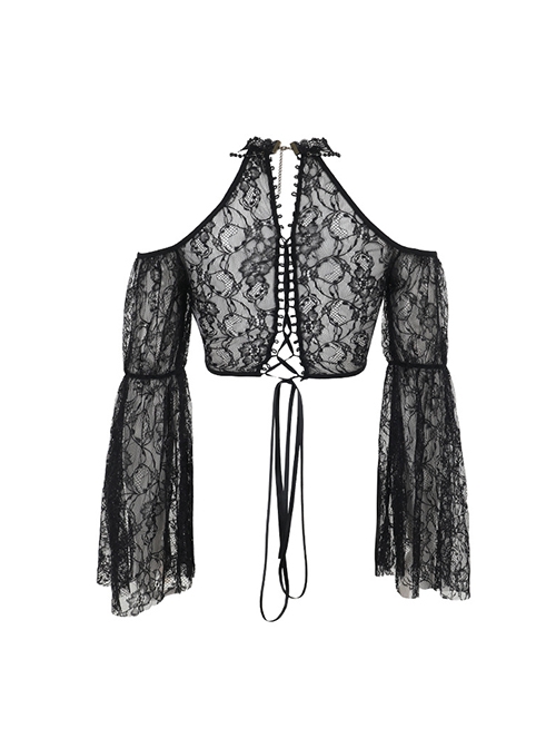 Retro Gorgeous Black Sexy Off Shoulder Lace Splicing Gothic Style Slim Long Sleeves Shawl