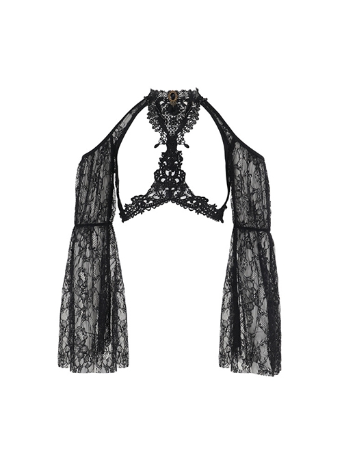 Retro Gorgeous Black Sexy Off Shoulder Lace Splicing Gothic Style Slim Long Sleeves Shawl