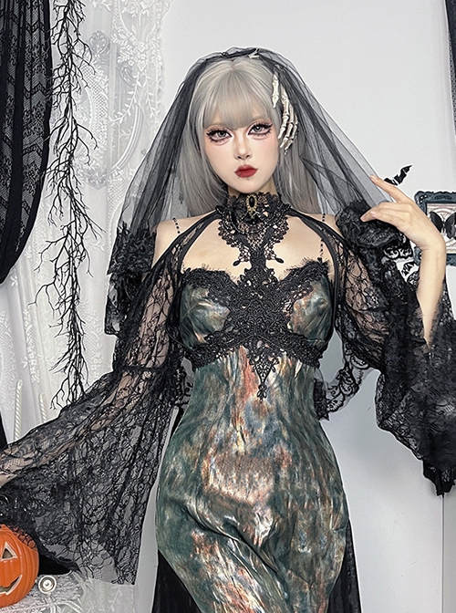Retro Gorgeous Black Sexy Off Shoulder Lace Splicing Gothic Style Slim Long Sleeves Shawl