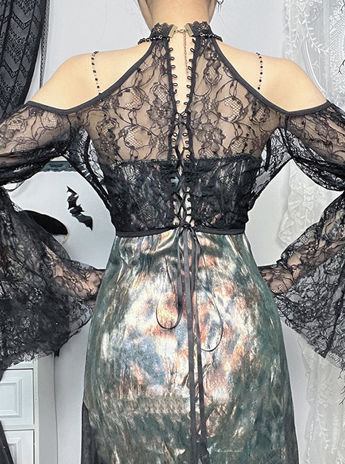 Retro Gorgeous Black Sexy Off Shoulder Lace Splicing Gothic Style Slim Long Sleeves Shawl