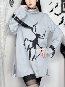 Daily Cool Blue Turtleneck Spider Graffiti Leather Button Decoration Punk Style Versatile T Shirt