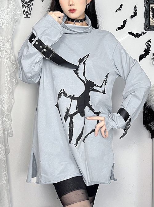 Daily Cool Blue Turtleneck Spider Graffiti Leather Button Decoration Punk Style Versatile T Shirt