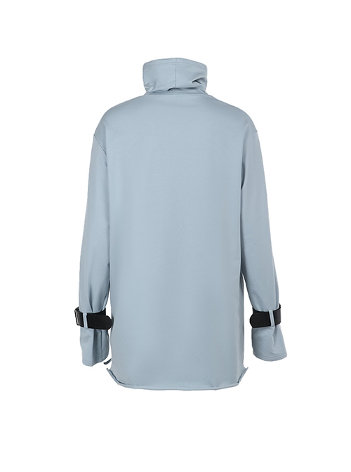 Daily Cool Blue Turtleneck Spider Graffiti Leather Button Decoration Punk Style Versatile T Shirt