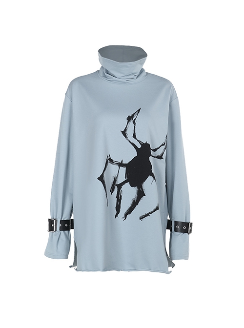 Daily Cool Blue Turtleneck Spider Graffiti Leather Button Decoration Punk Style Versatile T Shirt