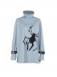 Daily Cool Blue Turtleneck Spider Graffiti Leather Button Decoration Punk Style Versatile T Shirt