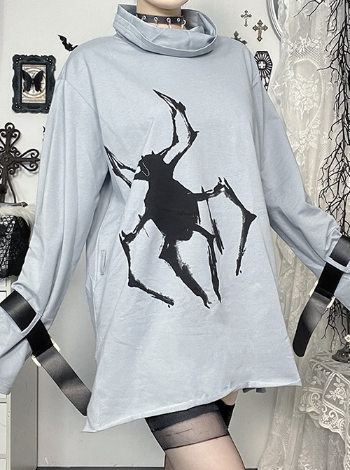 Daily Cool Blue Turtleneck Spider Graffiti Leather Button Decoration Punk Style Versatile T Shirt