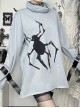 Daily Cool Blue Turtleneck Spider Graffiti Leather Button Decoration Punk Style Versatile T Shirt