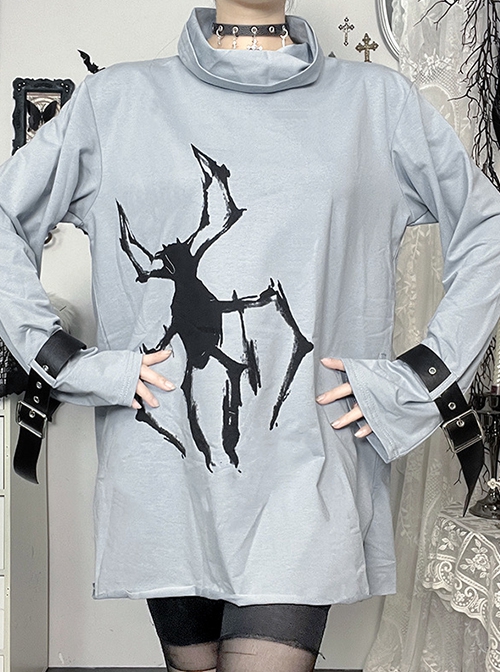 Daily Cool Blue Turtleneck Spider Graffiti Leather Button Decoration Punk Style Versatile T Shirt