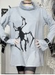 Daily Cool Blue Turtleneck Spider Graffiti Leather Button Decoration Punk Style Versatile T Shirt