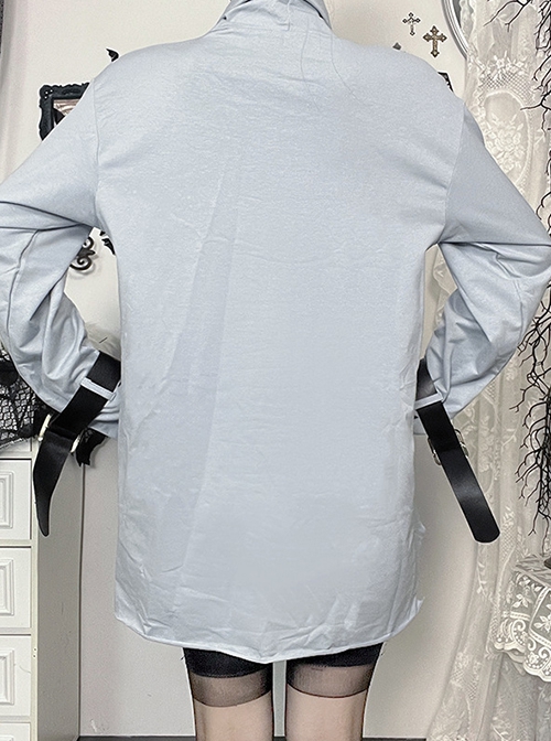 Daily Cool Blue Turtleneck Spider Graffiti Leather Button Decoration Punk Style Versatile T Shirt