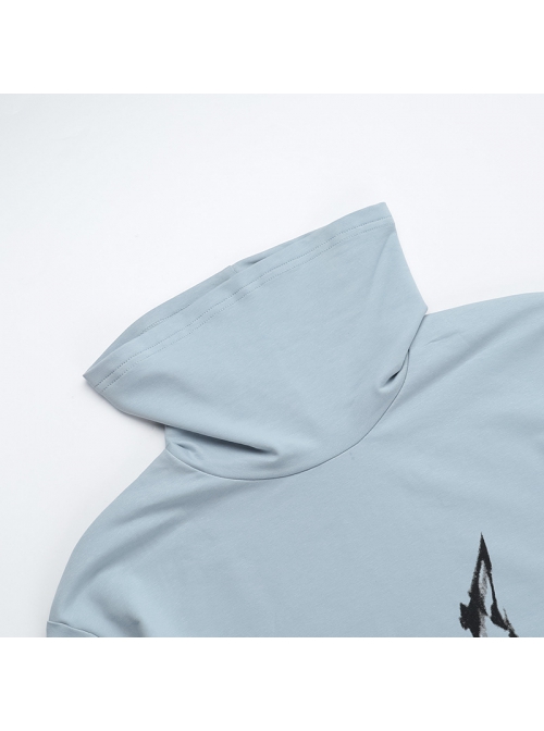 Daily Cool Blue Turtleneck Spider Graffiti Leather Button Decoration Punk Style Versatile T Shirt