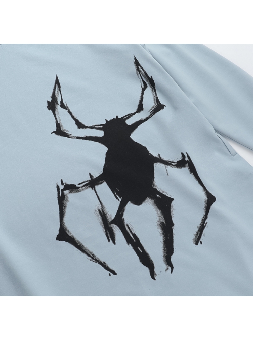 Daily Cool Blue Turtleneck Spider Graffiti Leather Button Decoration Punk Style Versatile T Shirt