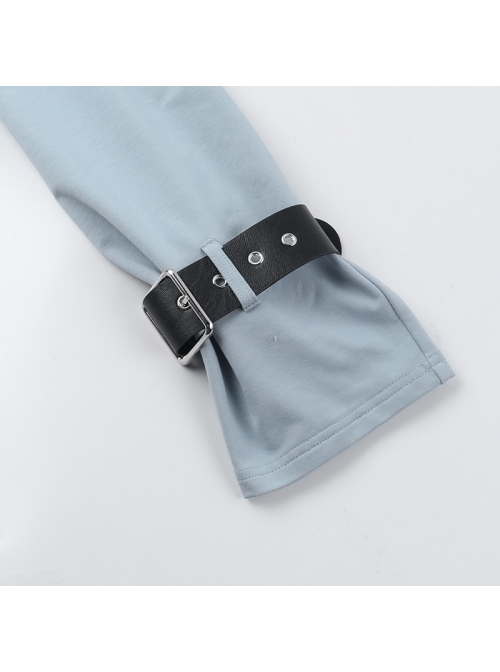 Daily Cool Blue Turtleneck Spider Graffiti Leather Button Decoration Punk Style Versatile T Shirt
