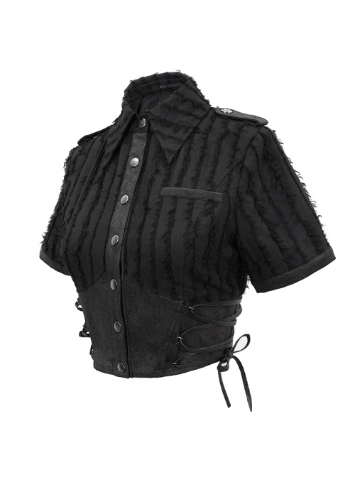 Vertical Stripes Rough Selvedge Shoulder Loops Waist Seal Side Lace-Up Short Black Punk Blouse