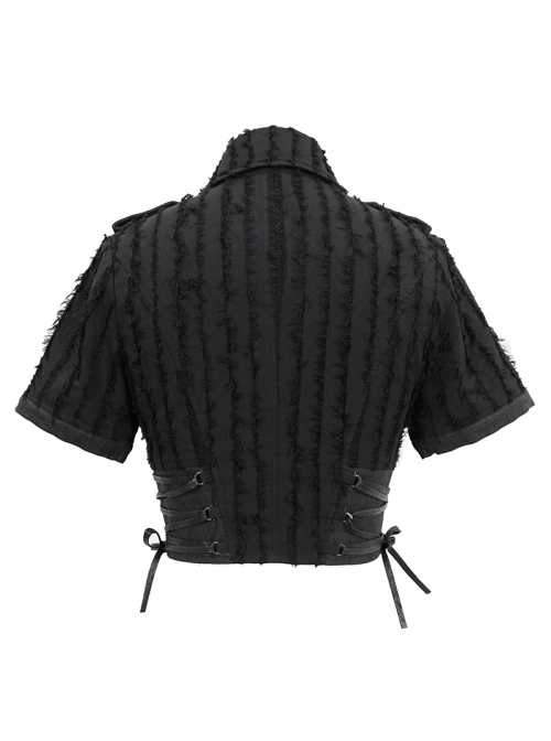 Vertical Stripes Rough Selvedge Shoulder Loops Waist Seal Side Lace-Up Short Black Punk Blouse