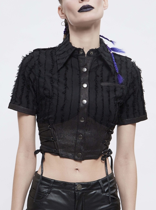 Vertical Stripes Rough Selvedge Shoulder Loops Waist Seal Side Lace-Up Short Black Punk Blouse