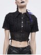 Vertical Stripes Rough Selvedge Shoulder Loops Waist Seal Side Lace-Up Short Black Punk Blouse