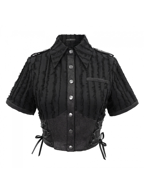Vertical Stripes Rough Selvedge Shoulder Loops Waist Seal Side Lace-Up Short Black Punk Blouse