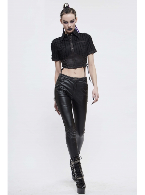 Vertical Stripes Rough Selvedge Shoulder Loops Waist Seal Side Lace-Up Short Black Punk Blouse