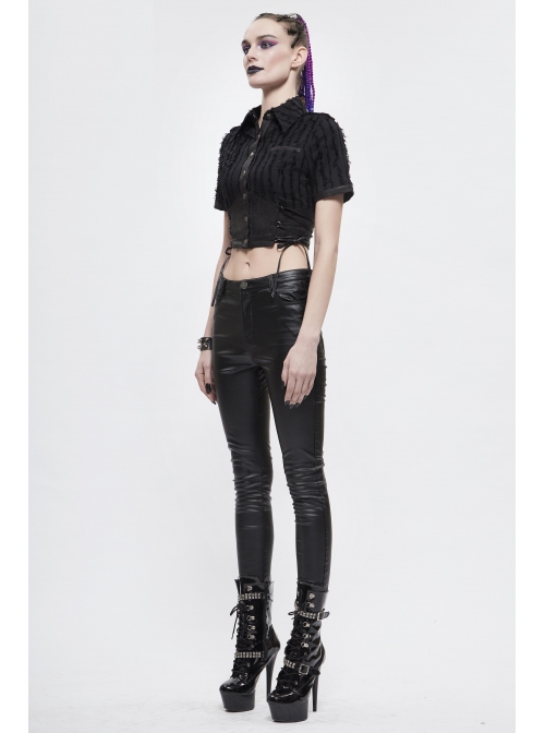 Vertical Stripes Rough Selvedge Shoulder Loops Waist Seal Side Lace-Up Short Black Punk Blouse