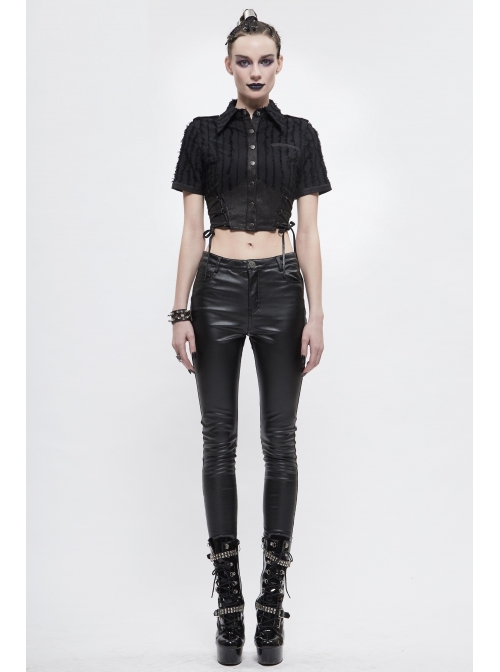 Vertical Stripes Rough Selvedge Shoulder Loops Waist Seal Side Lace-Up Short Black Punk Blouse