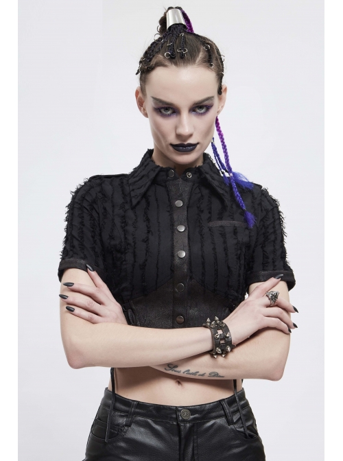Vertical Stripes Rough Selvedge Shoulder Loops Waist Seal Side Lace-Up Short Black Punk Blouse