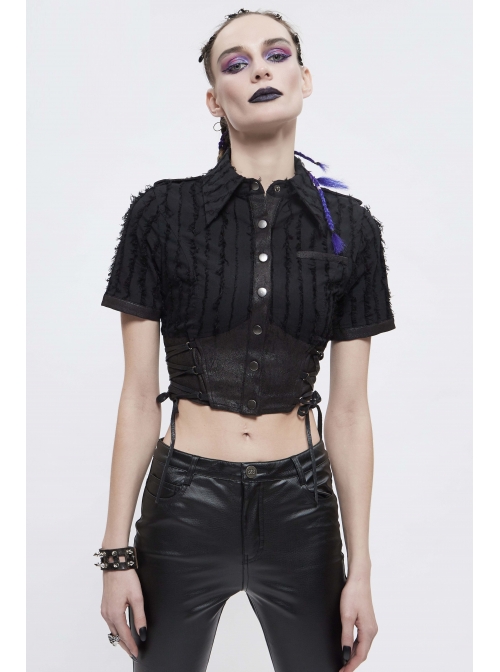 Vertical Stripes Rough Selvedge Shoulder Loops Waist Seal Side Lace-Up Short Black Punk Blouse