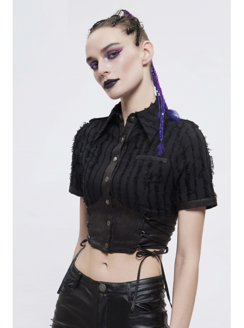 Vertical Stripes Rough Selvedge Shoulder Loops Waist Seal Side Lace-Up Short Black Punk Blouse