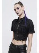 Vertical Stripes Rough Selvedge Shoulder Loops Waist Seal Side Lace-Up Short Black Punk Blouse