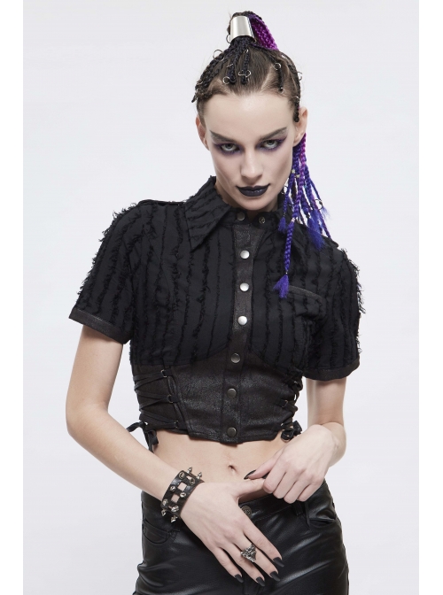 Vertical Stripes Rough Selvedge Shoulder Loops Waist Seal Side Lace-Up Short Black Punk Blouse