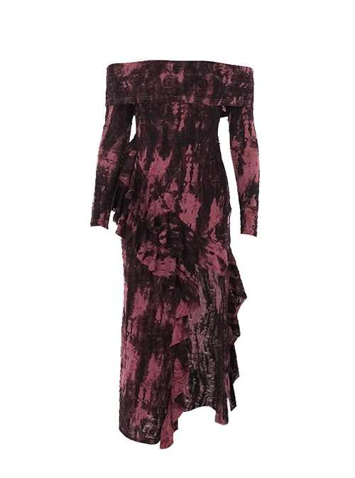 Sexy Dark Style Personality Tie Dye One Shoulder Side Slit Gothic Style Slim Long Sleeves Dress