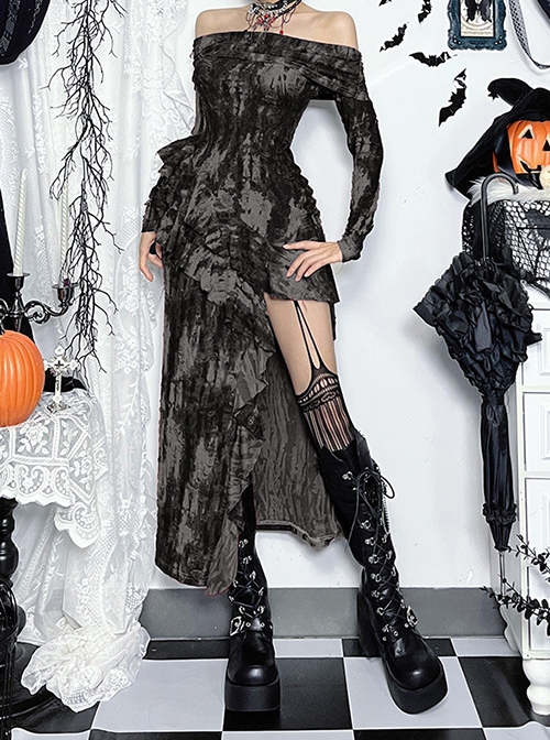 Sexy Dark Style Personality Tie Dye One Shoulder Side Slit Gothic Style Slim Long Sleeves Dress