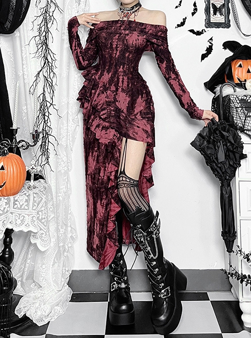Sexy Dark Style Personality Tie Dye One Shoulder Side Slit Gothic Style Slim Long Sleeves Dress