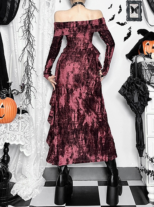 Sexy Dark Style Personality Tie Dye One Shoulder Side Slit Gothic Style Slim Long Sleeves Dress