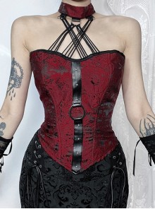 Sexy Hot Girl Red Jacquard Dark Pattern Leather Buckle Decoration Punk Style Halterneck Tube Top