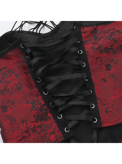 Sexy Hot Girl Red Jacquard Dark Pattern Leather Buckle Decoration Punk Style Halterneck Tube Top