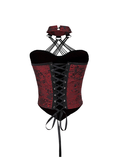 Sexy Hot Girl Red Jacquard Dark Pattern Leather Buckle Decoration Punk Style Halterneck Tube Top